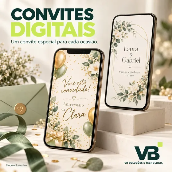 Mockup ilustrativo de dois convites digitais exibidos em celulares