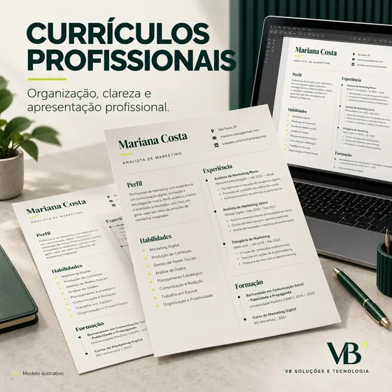 Mockup ilustrativo de currículos impressos e na tela de um notebook